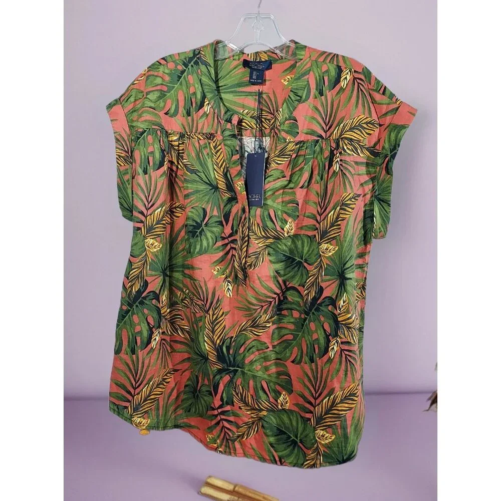 Rachel Roy Linen Rayon Floral Top L Pullover Sleeveless Button V Neck Beachcore - Picture 1 of 12